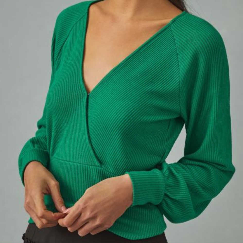 Anthropologie Womans Green Ribbed Wrap Sweater Size Large‎